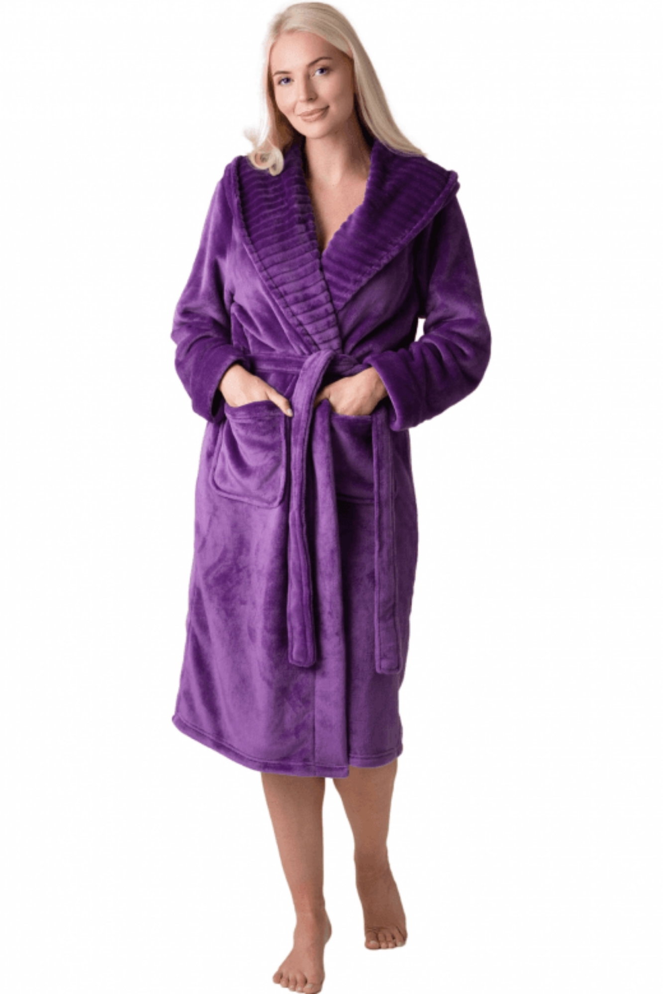 Purple Camille Lingerie Purple Supersoft Fleece Ribbed Collar Robe, Image 1 of 7