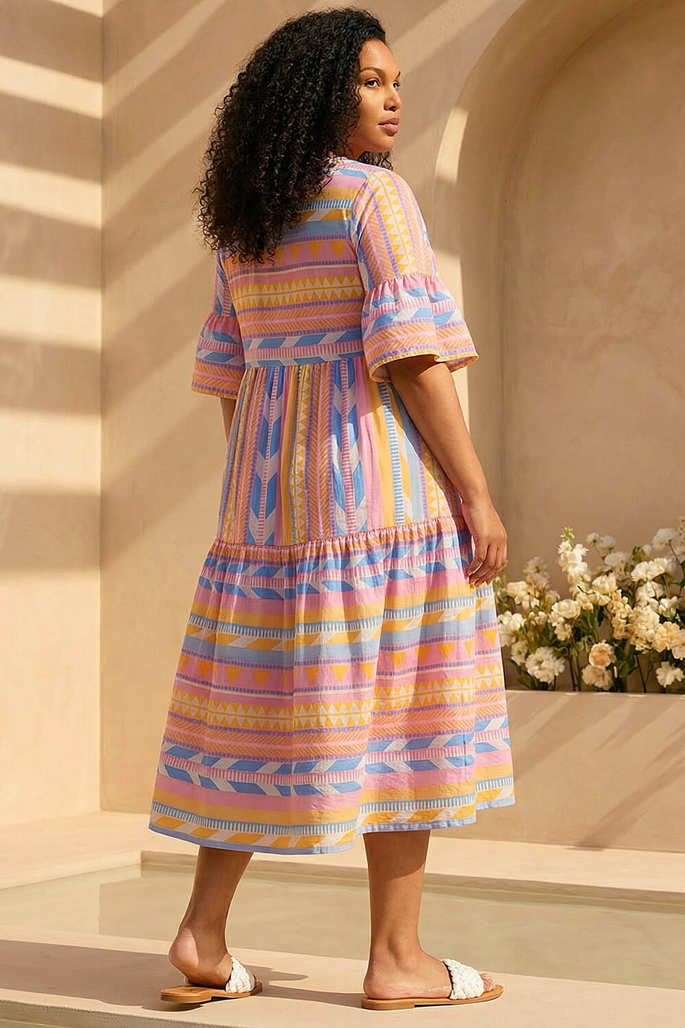 Yellow Curve Stripe Print Boho Tiered Dress, Image 4 of 4