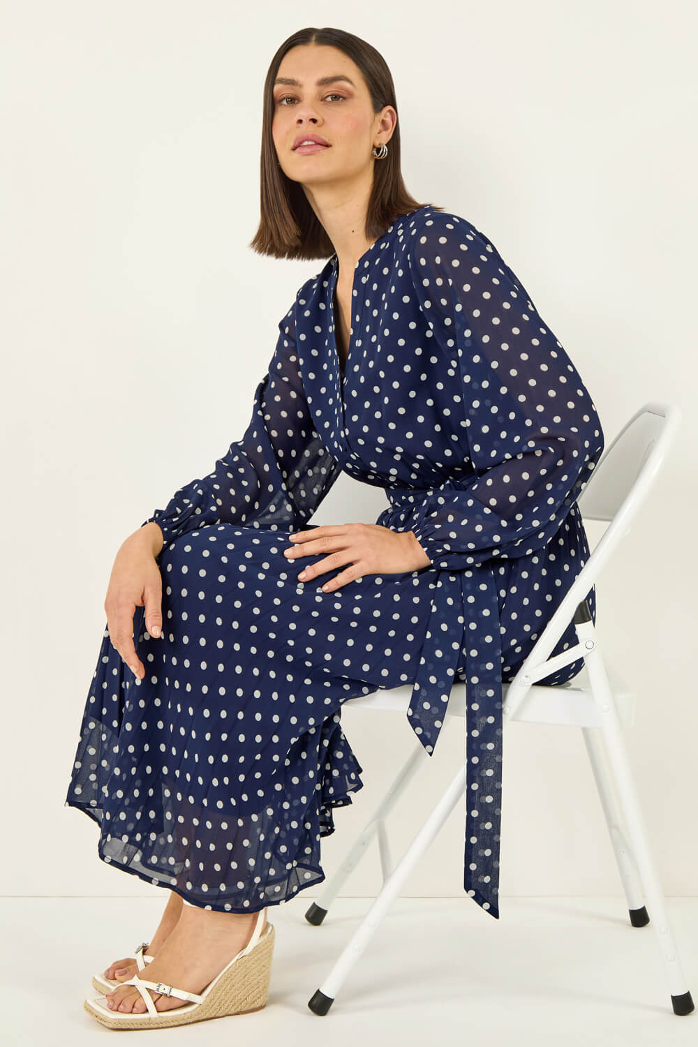 Roman Women's Navy Polka Dot Pleated Midi Dress Size 16