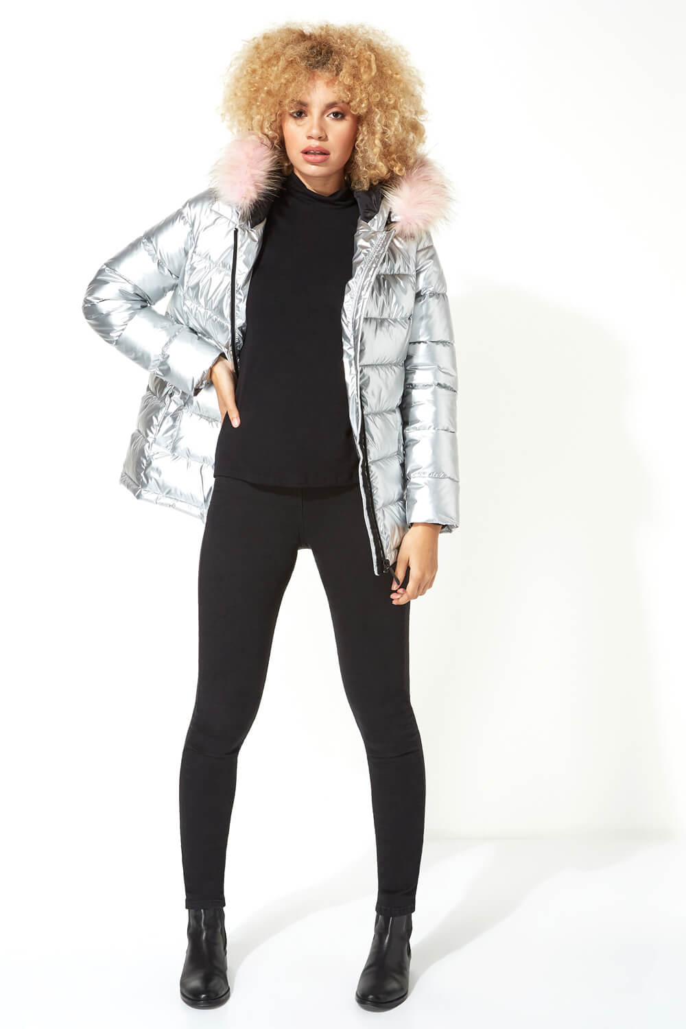 Silver Metallic Faux Fur Trim Padded Coat, Image 5 of 5