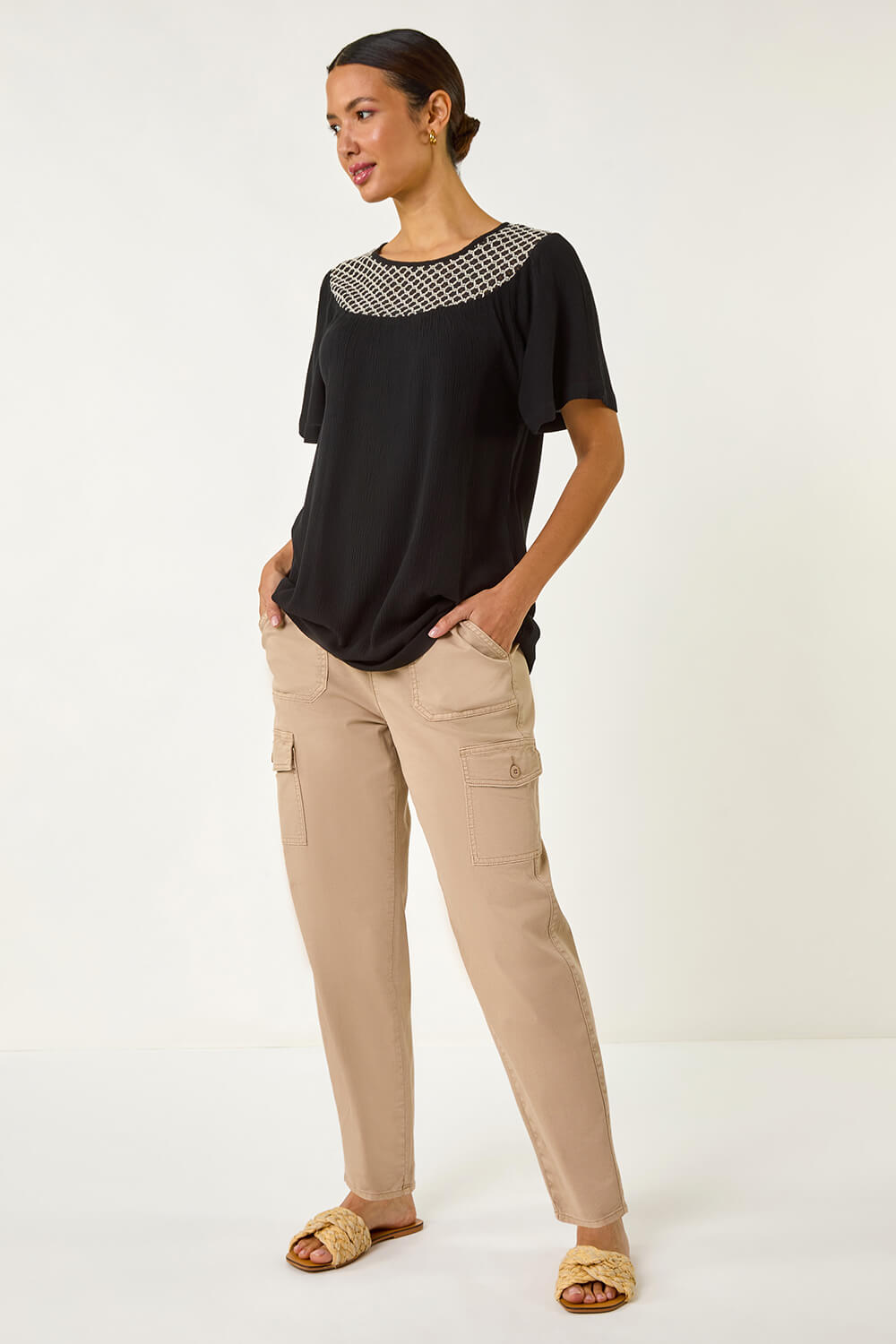 Black Mono Print Crochet Neck Top, Image 4 of 5