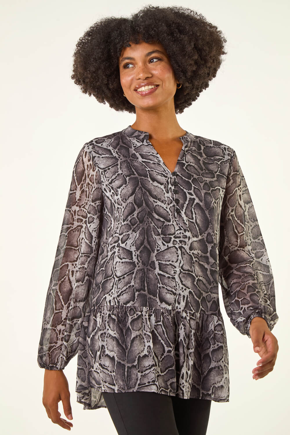 Dark Grey Snake Print V-Neck Tunic Top, Image 5 of 5