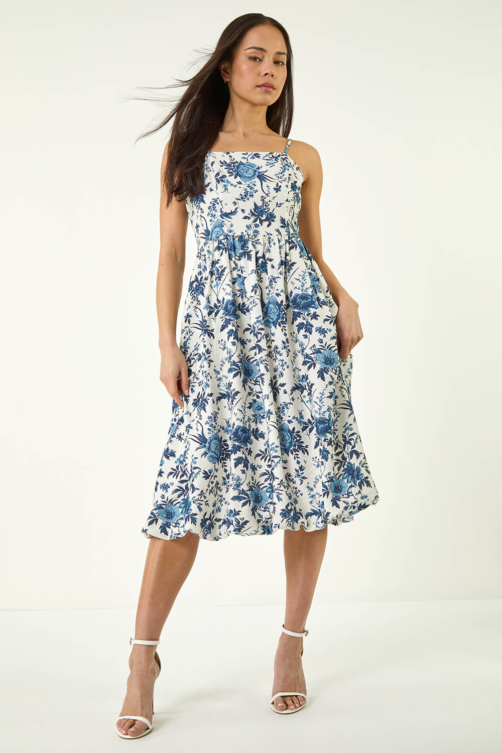 Roman Petite Women's Blue Floral Strappy Bubble Hem Dress Size 18