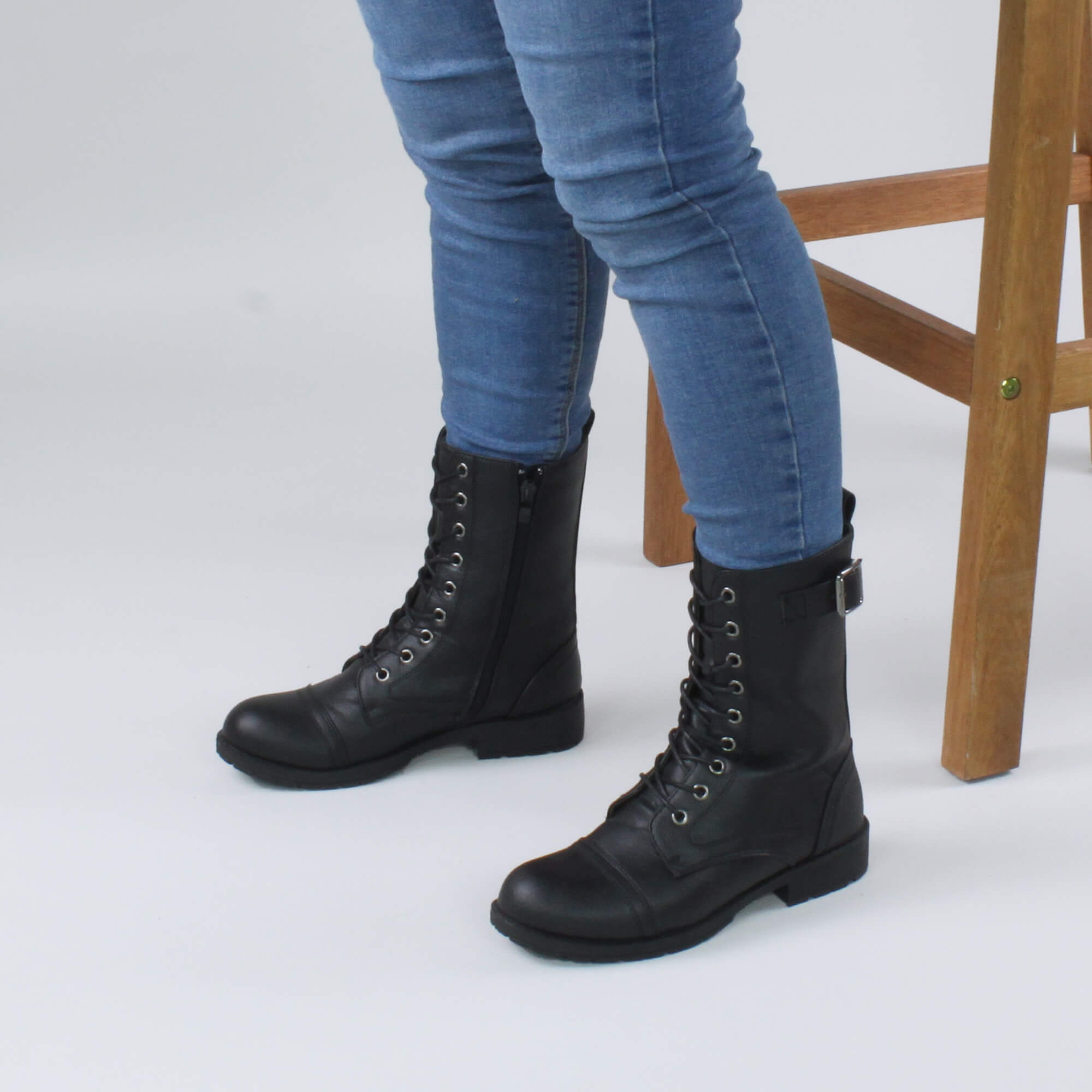 Black AJVANI Black Lace Up Buckles Military Biker Ankle Boots, Image 5 of 6
