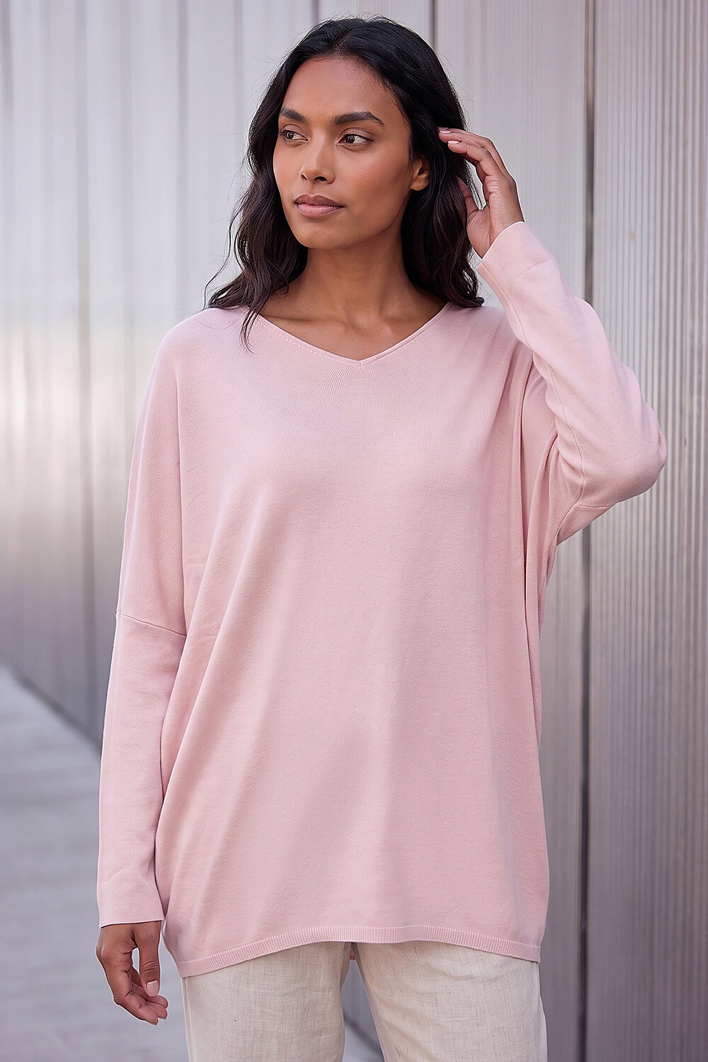 Roman Women's Pink Lace Back V-Neck Poncho Medium