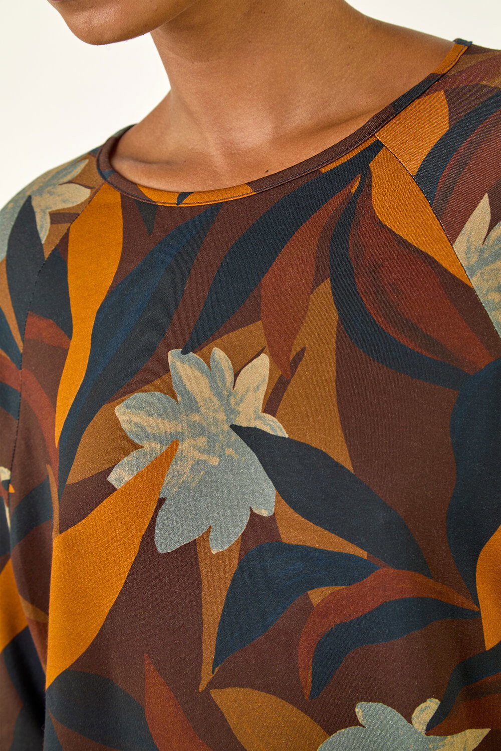 Rust Floral Print Curved Hem Top, Image 6 of 5