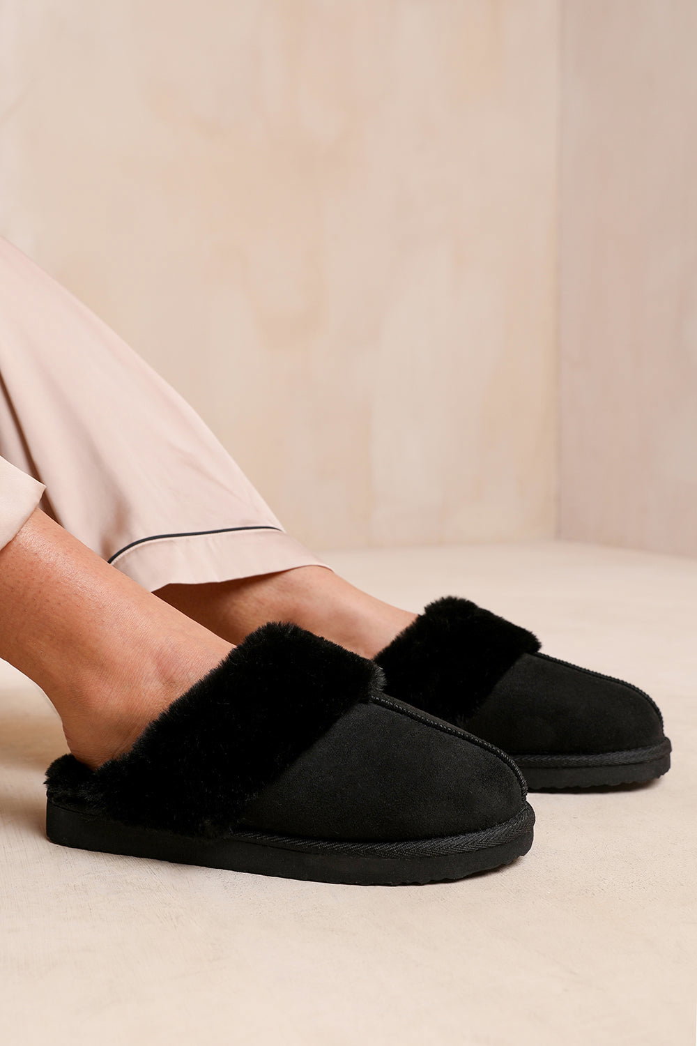 Black 'Comfort' Slip On Slippers With Fur Trim, Image 1 of 4