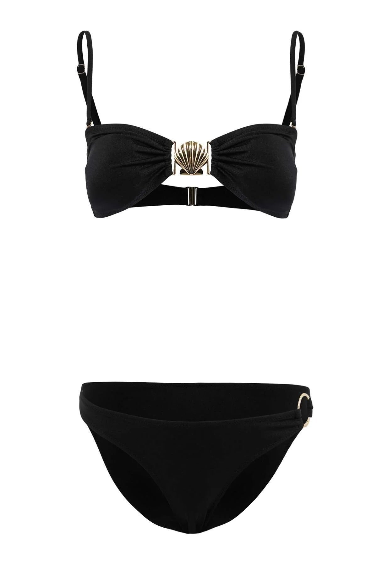 Black WOVCOR Black Shell Detail Bandeau Bikini Set with Adjustable Straps, Image 2 of 2