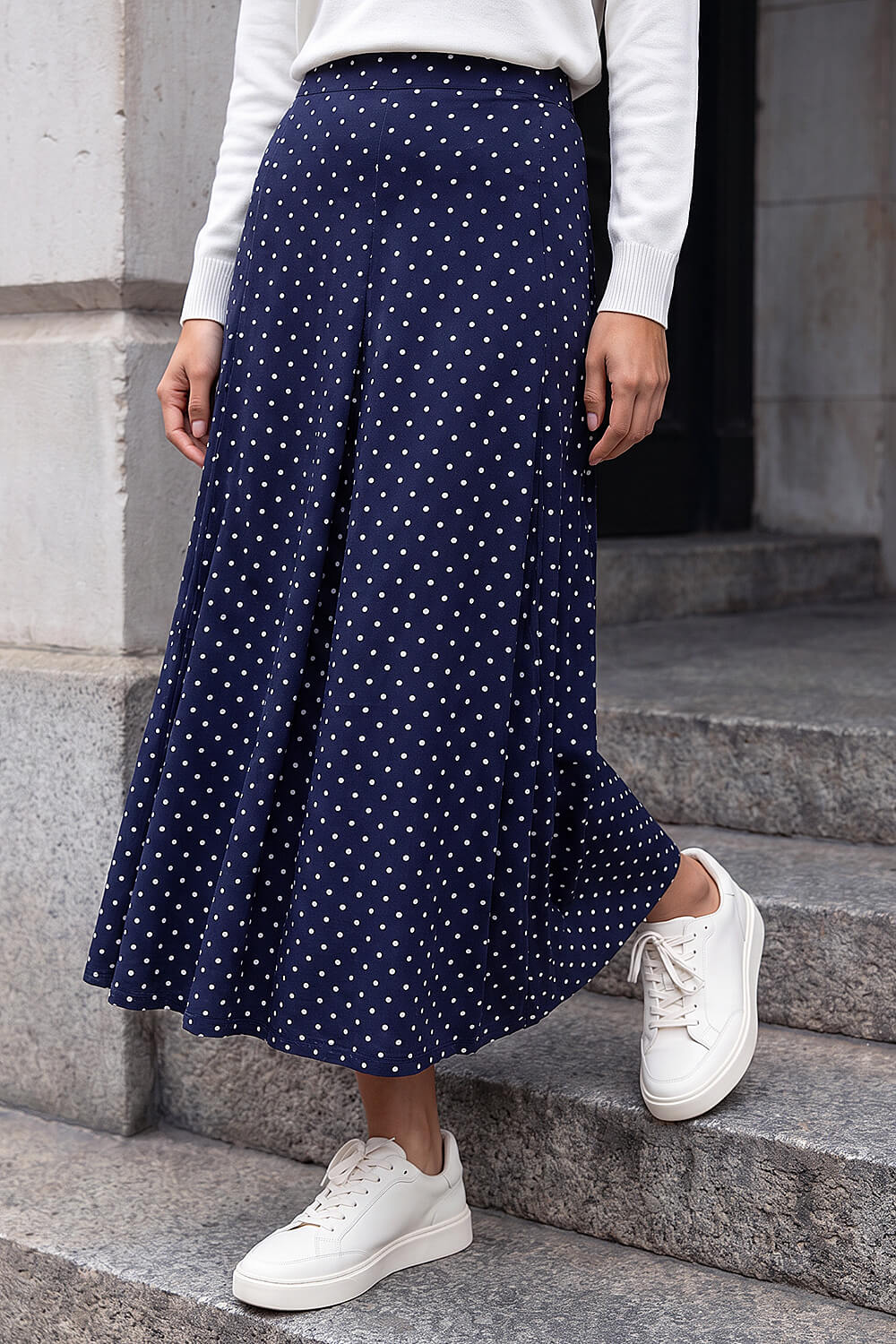 Roman  Navy Polka Dot Stretch Midi Skirt Size 20