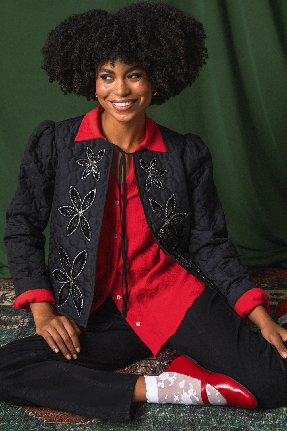 Black Quilted Velvet Trim Jacket, Image 8 of 7