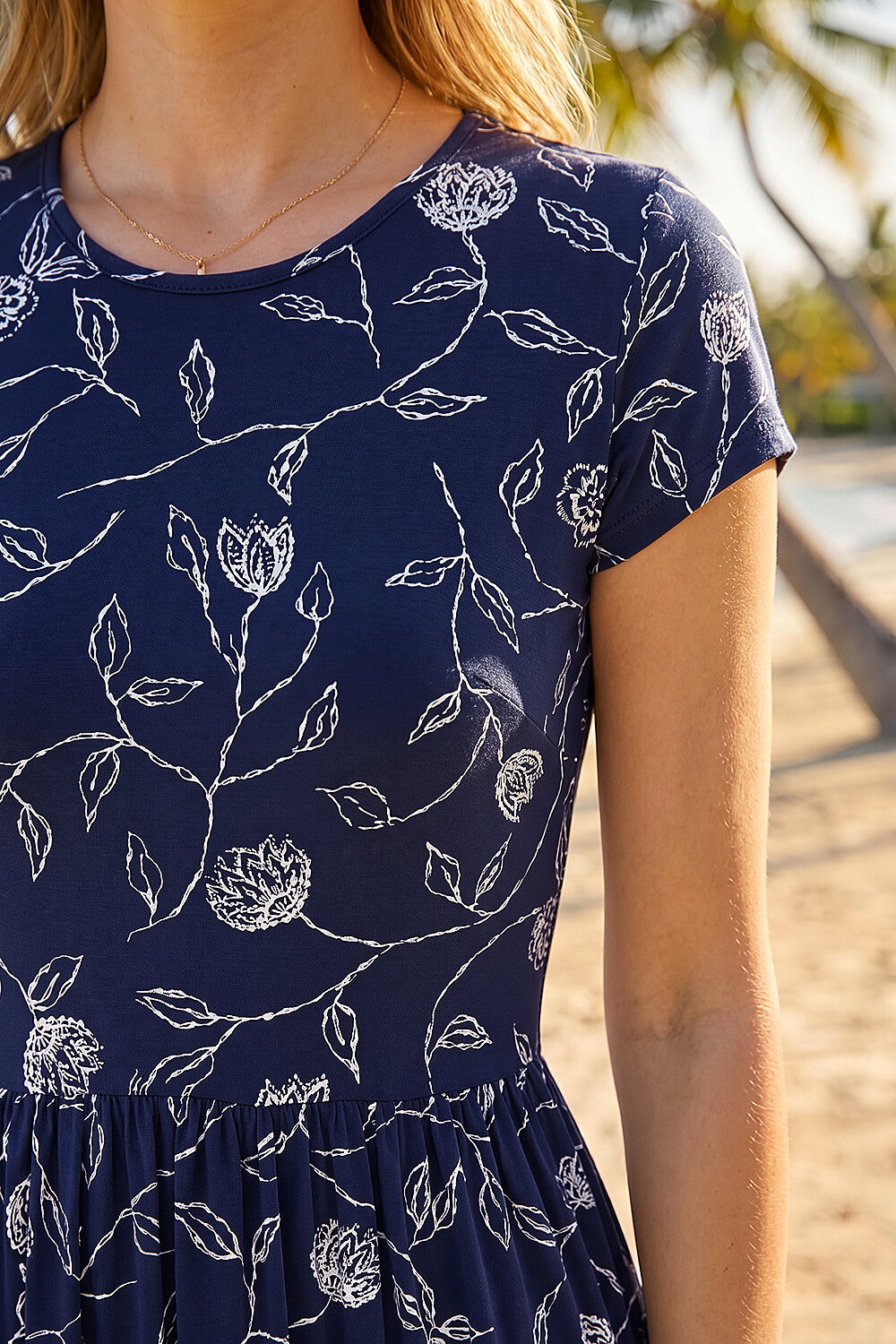 Navy Floral Print Midi Stretch Dress, Image 5 of 4
