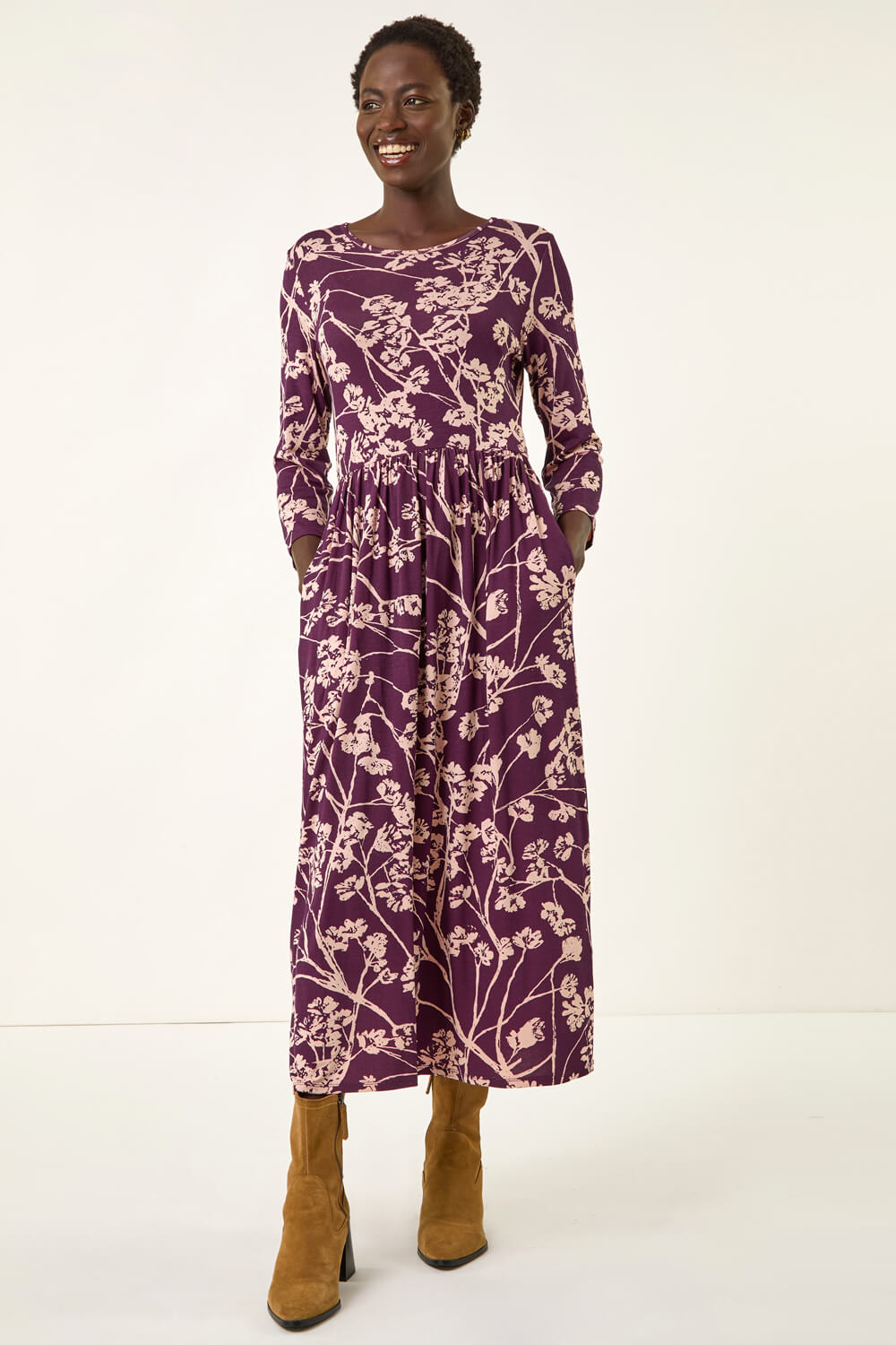 Purple Shadow Floral Stretch Midi Dress, Image 3 of 5
