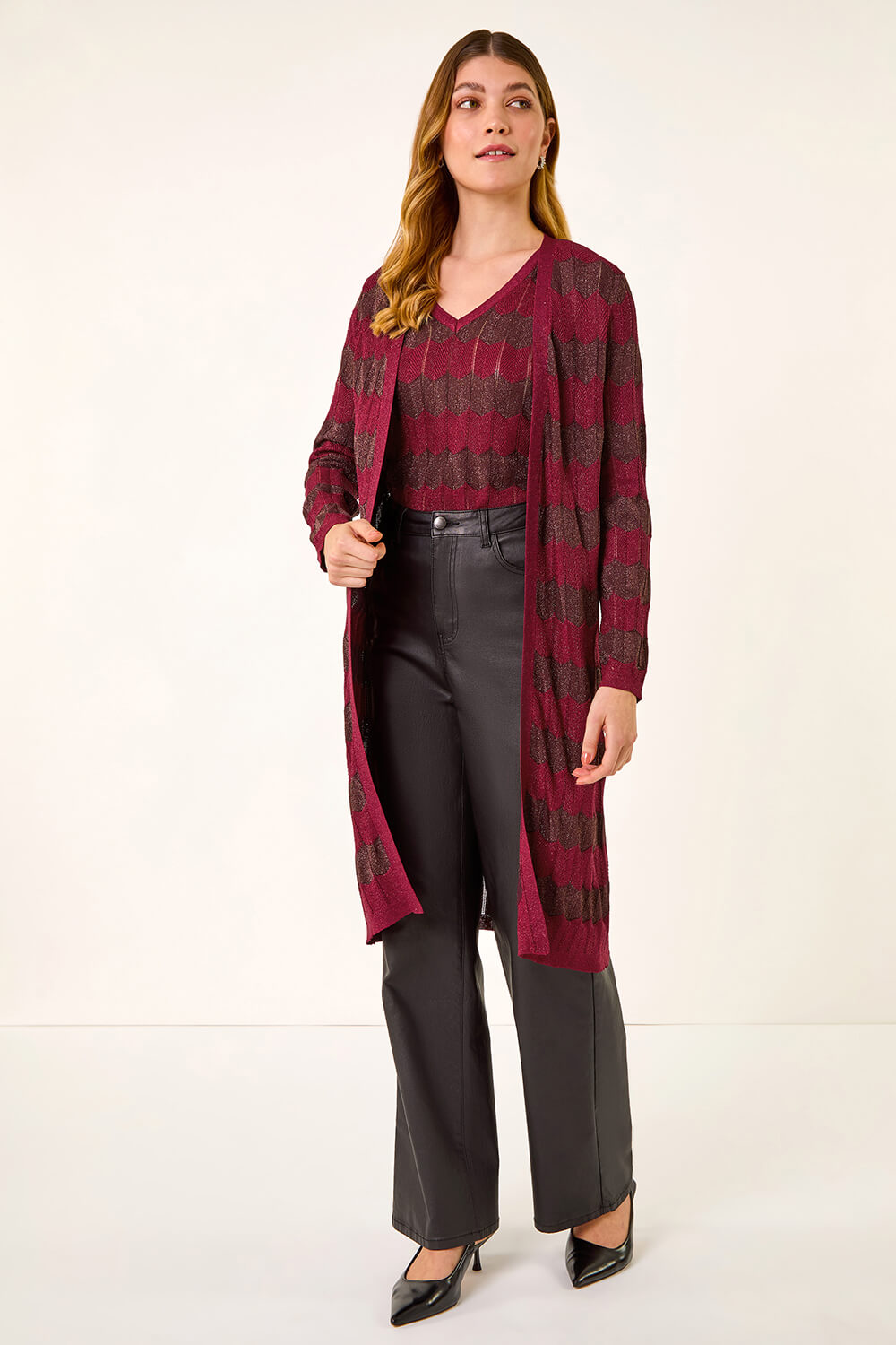 Red Shimmer Stitch Longline Knit Cardigan, Image 3 of 5