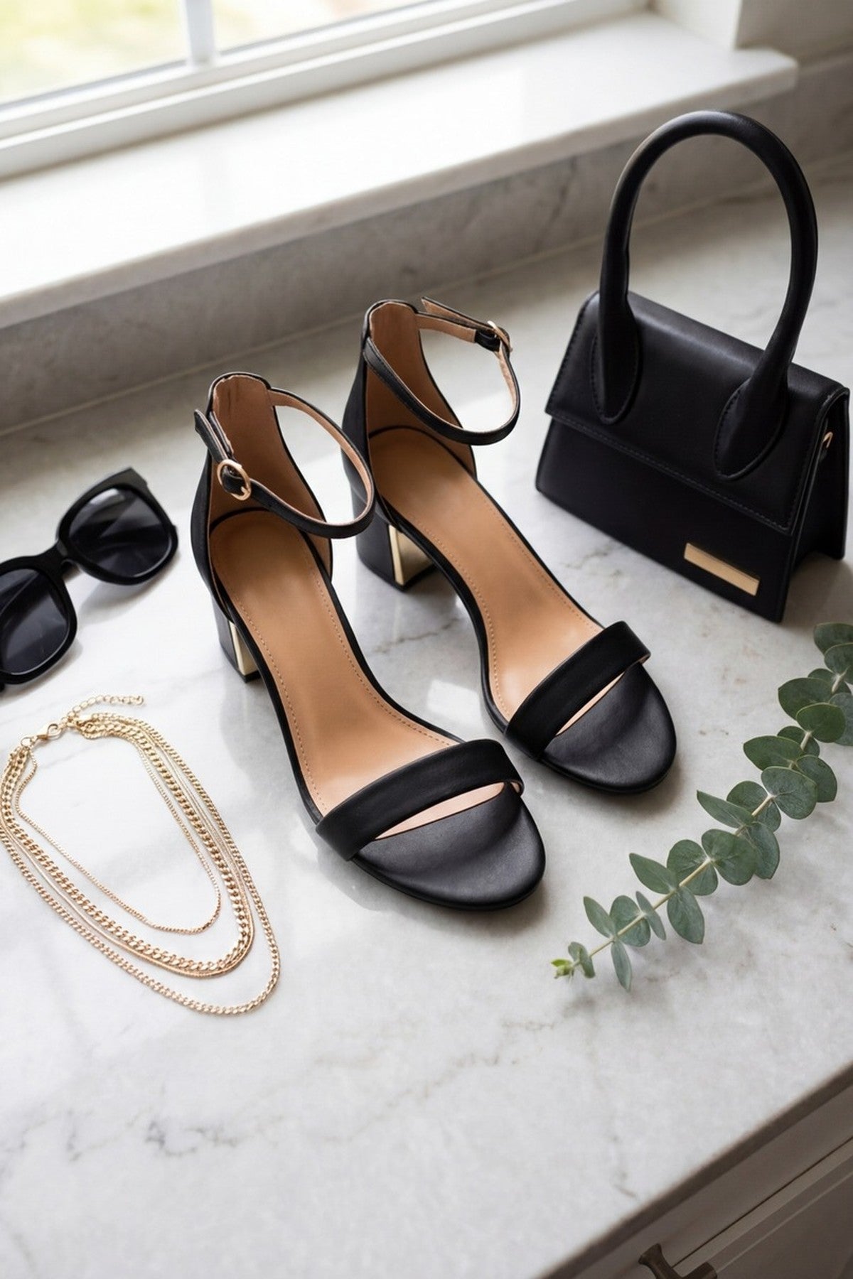 Black iKrush Black Luna Womens Gold Heel Ankle Strap Sandals, Image 5 of 8