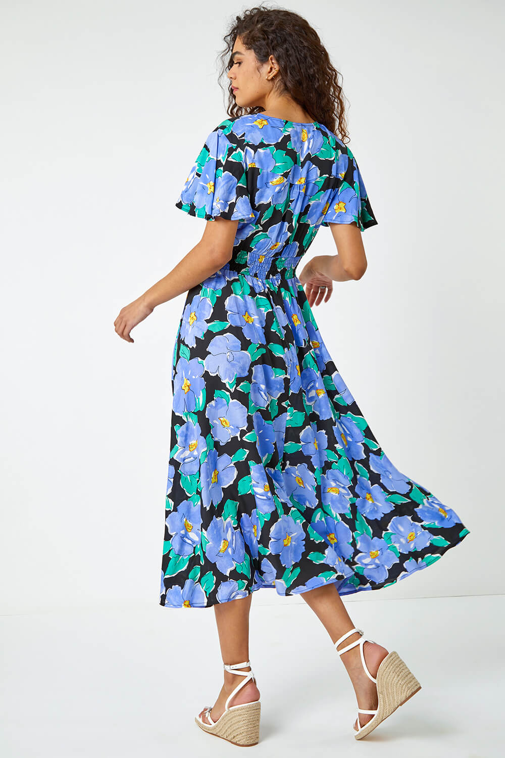 Lilac Floral Print Angel Sleeve Midi Dress, Image 5 of 6