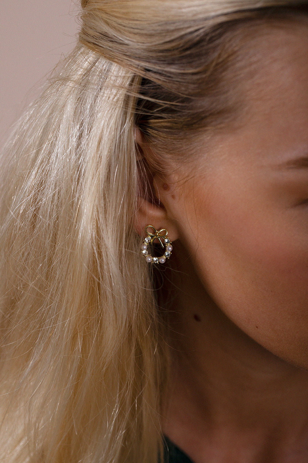 Gold Pearl & Diamante Bow Wreath Stud Earrings - Gift Boxed, Image 2 of 6