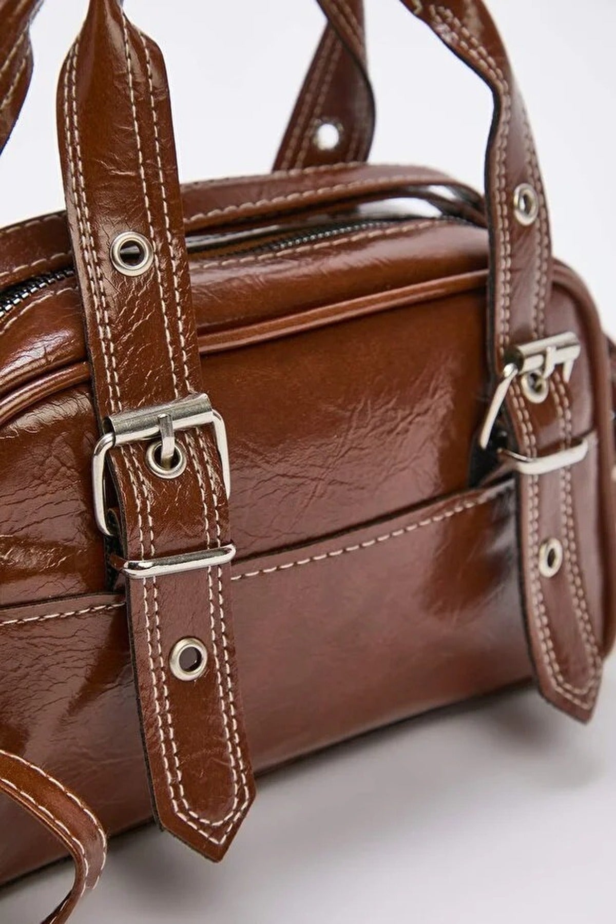 Brown Contrast Stitch Mini Bowling Grab Bag, Image 2 of 3