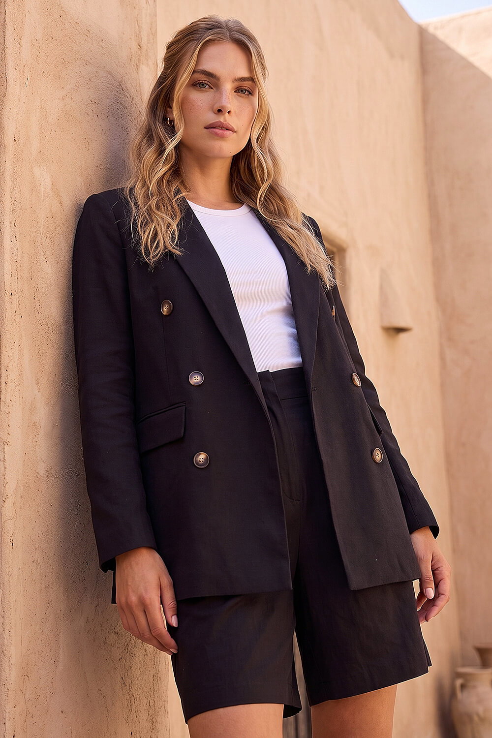 Roman Women's Black Cotton Double Breasted Collar Jacket Size 18