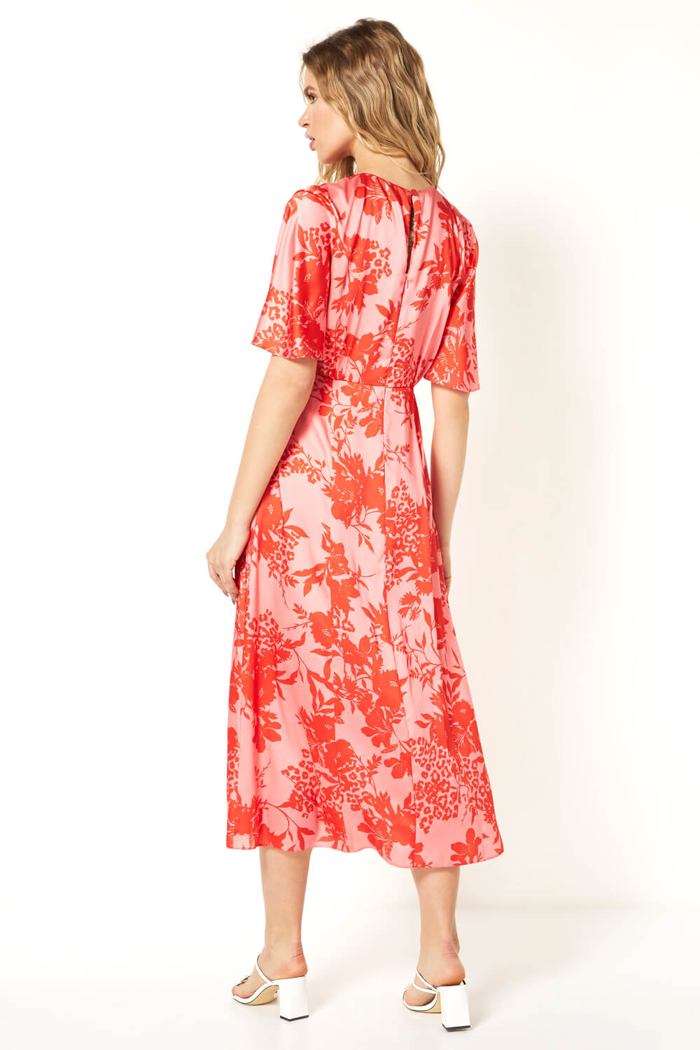 Pink Floral Print Oriental Midi Dress, Image 3 of 4