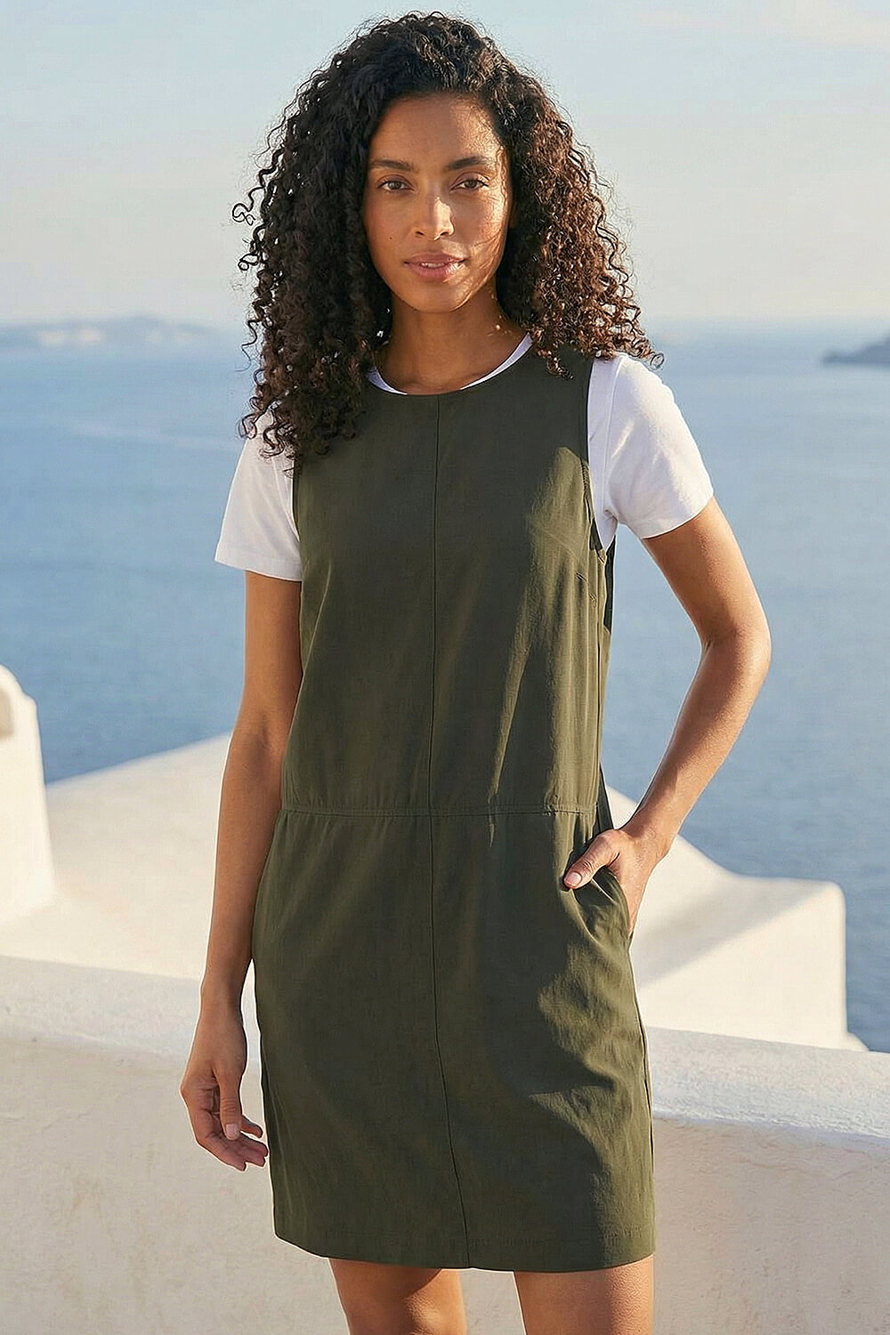 KHAKI Seam Detail Pocket Shift Dress, Image 3 of 4