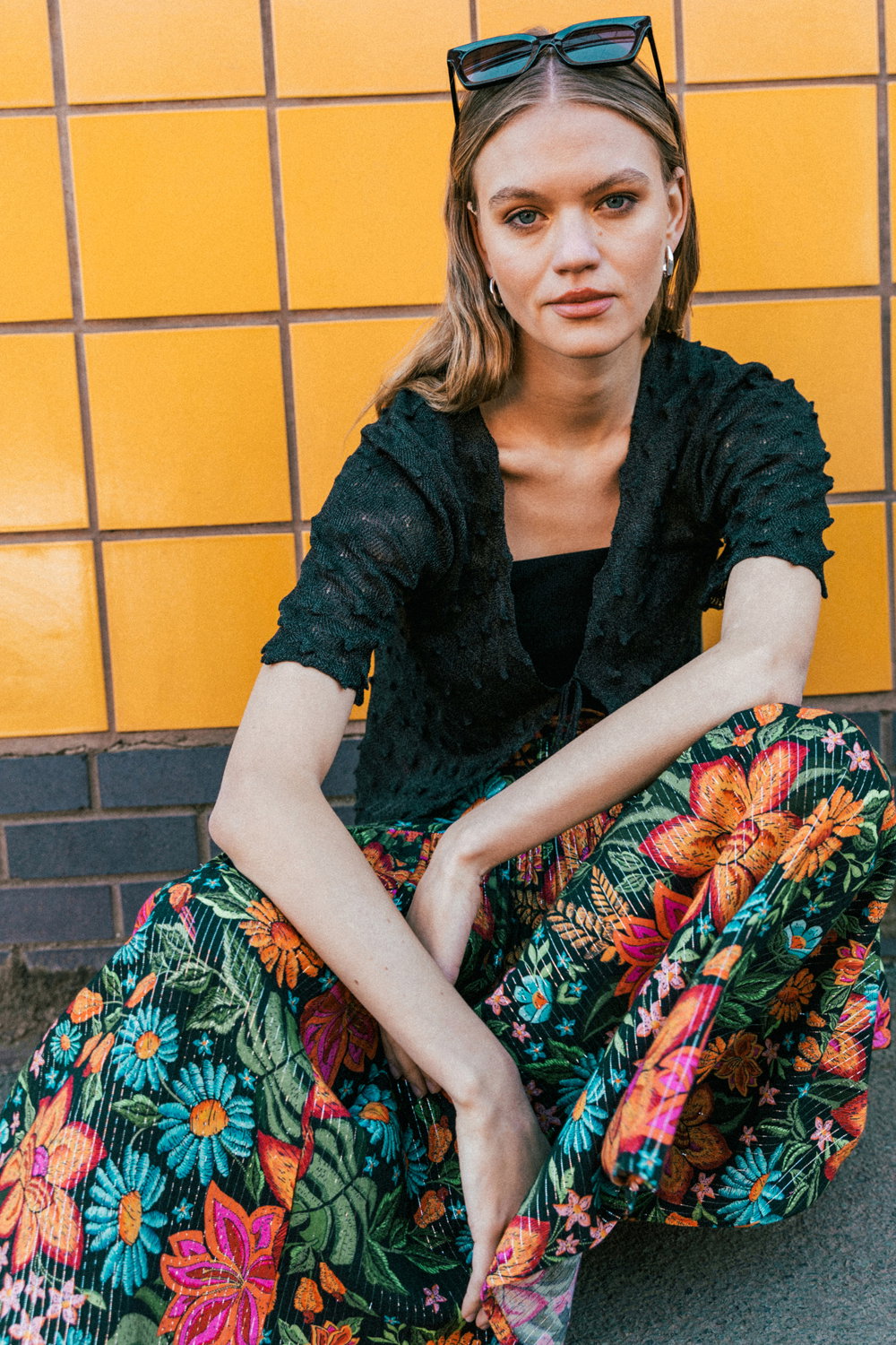 Black Floral Print Tiered A-Line Skirt, Image 8 of 7