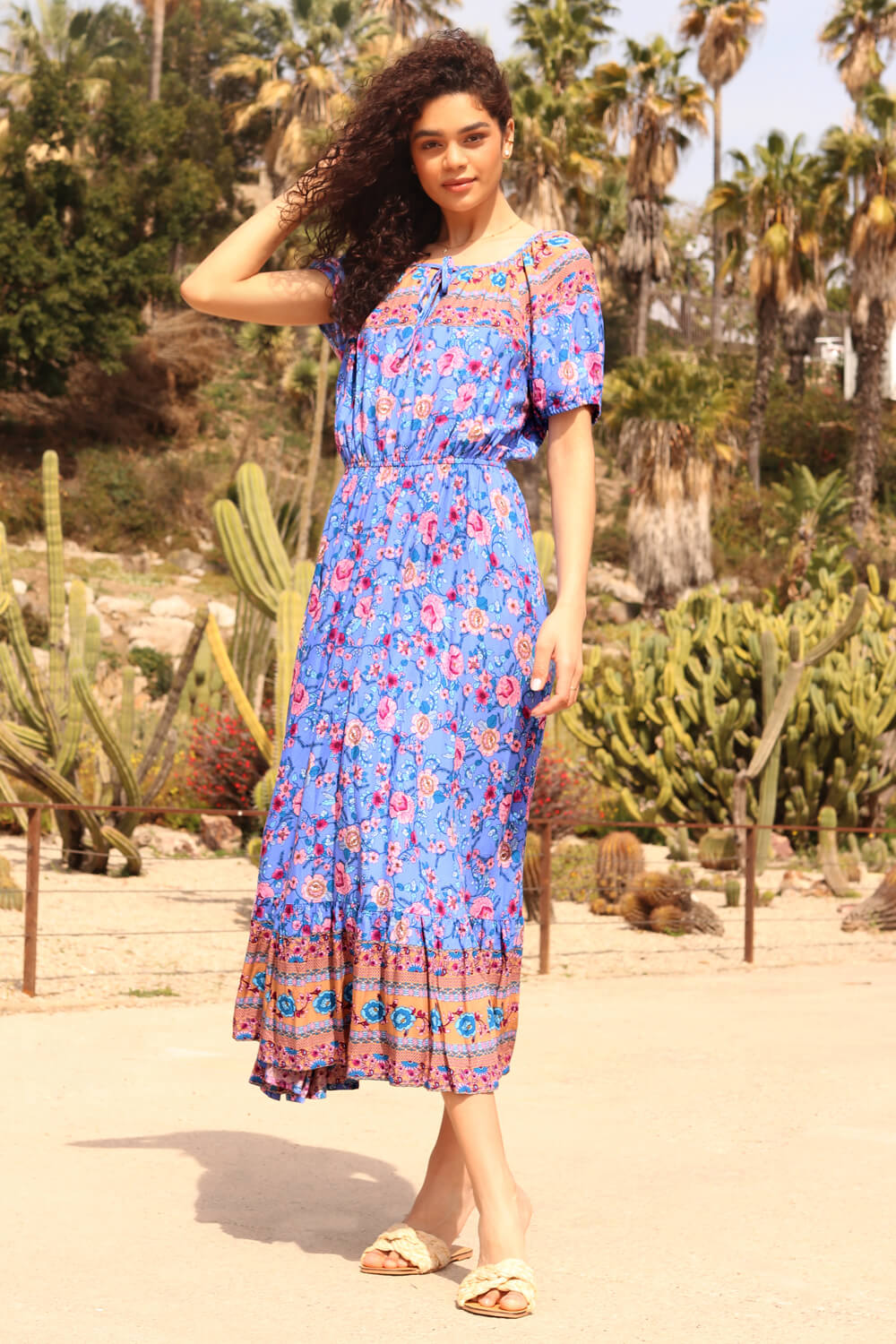 Blue Floral Print Keyhole Maxi Dress, Image 3 of 5