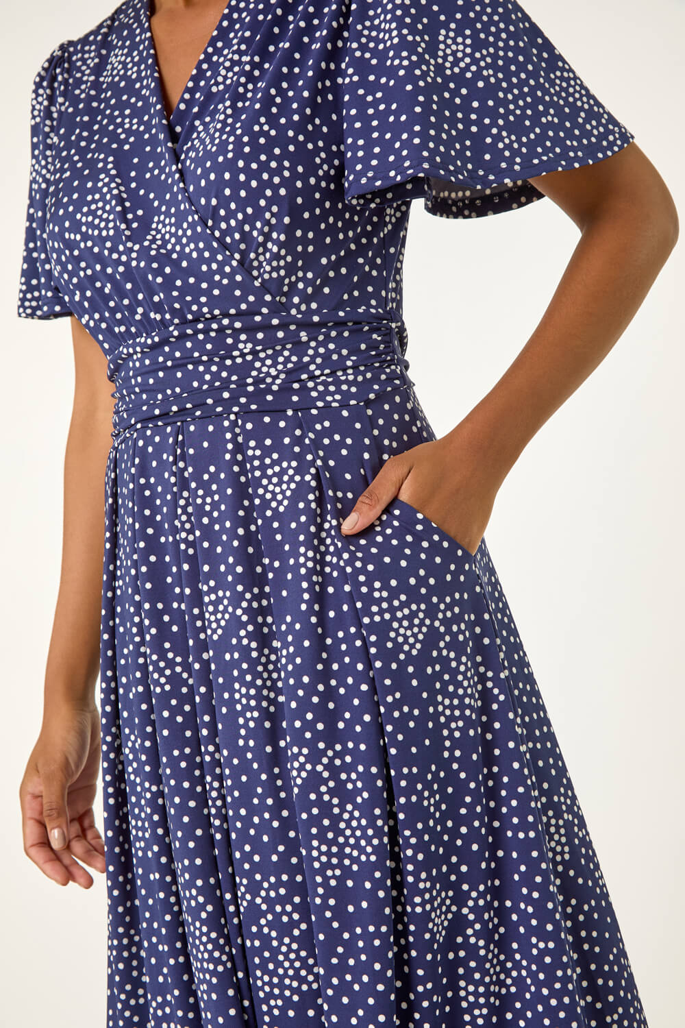 Navy  Polka Dot Wrap Midi Dress, Image 6 of 5