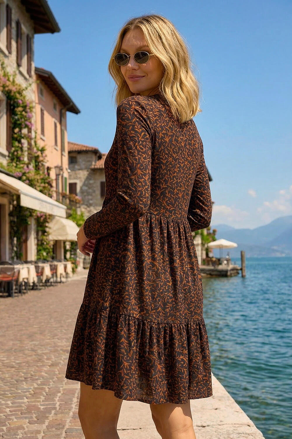 Rust Leaf Print Stretch Dress, Image 4 of 4
