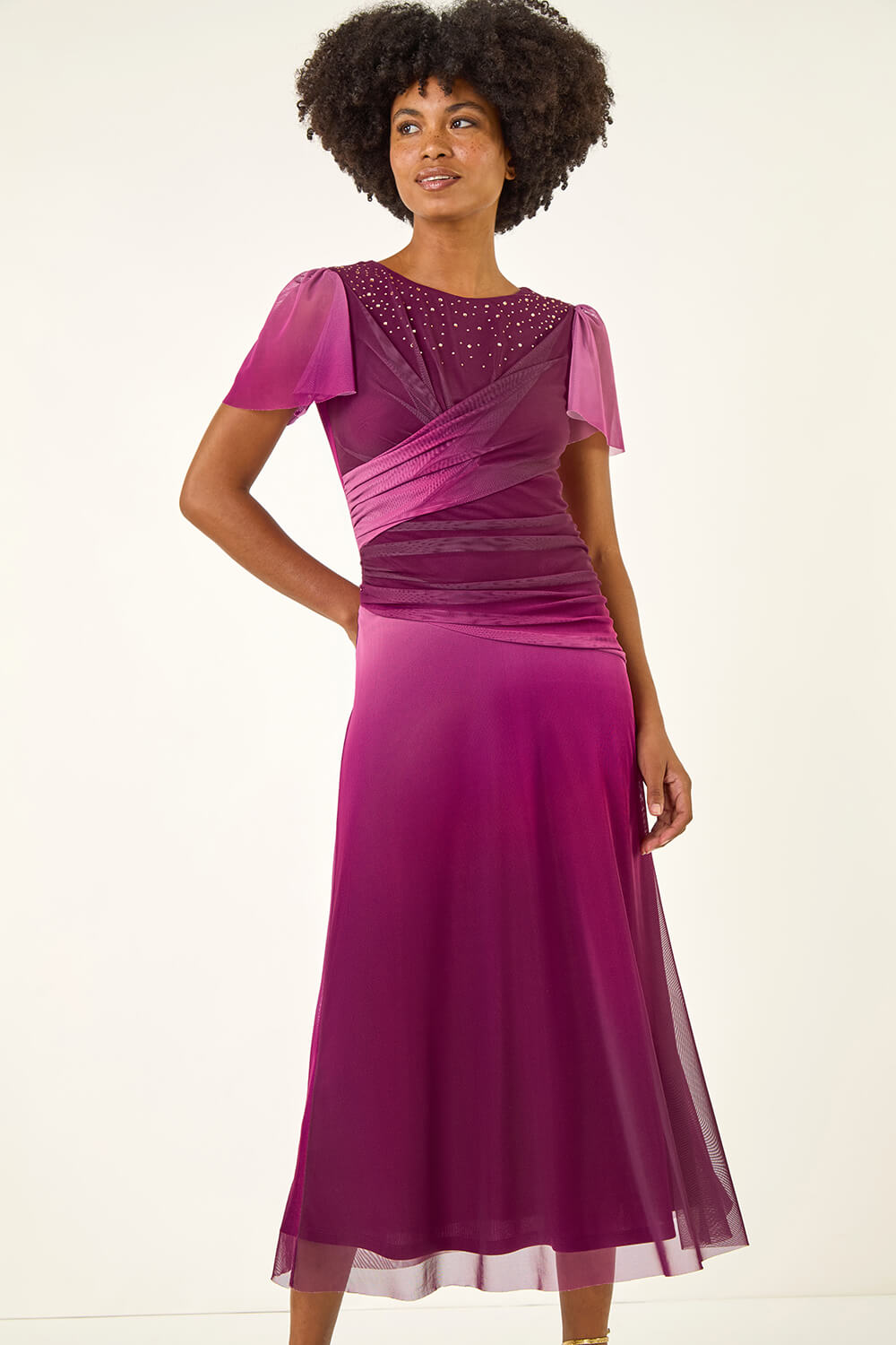Wine Embellished Ombre Mesh Midi Dress, Image 3 of 5