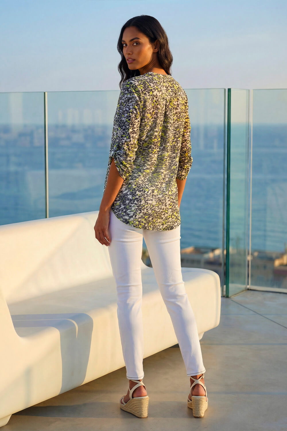 Lime Animal Print Burnout V-Neck Stretch Shirt , Image 4 of 4