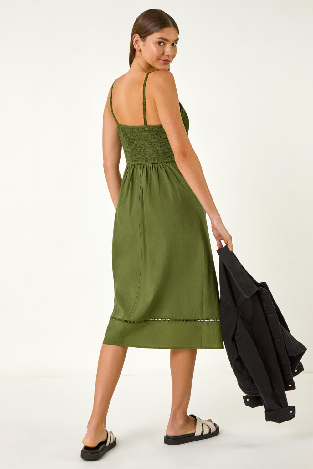 KHAKI Lace Panel Strappy Midi Dress, Image 4 of 5