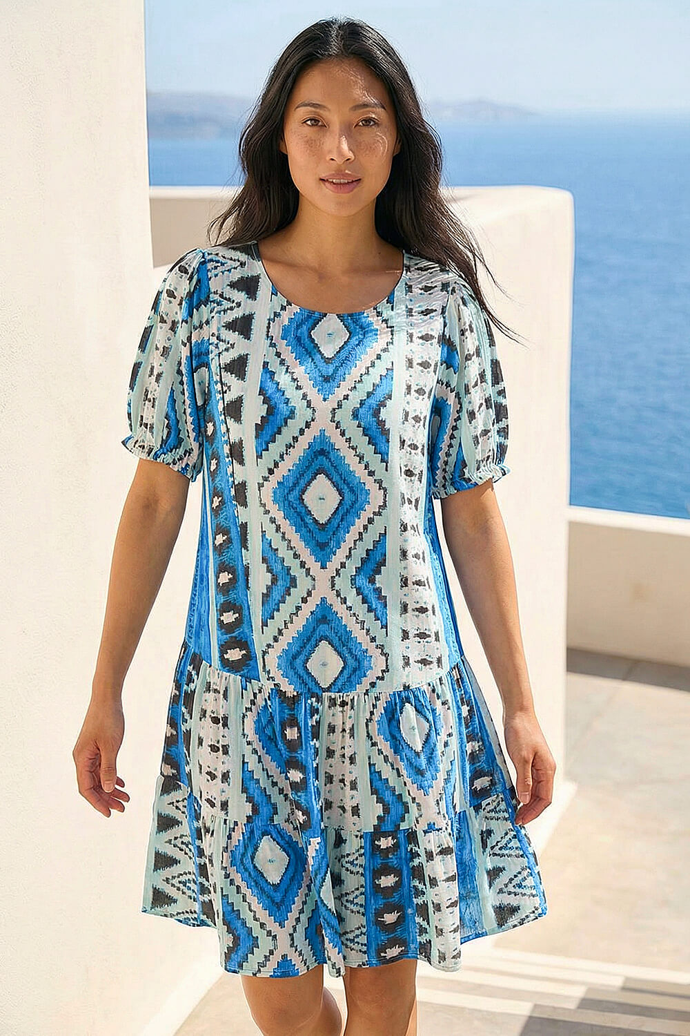 Blue Petite Aztec Smock Dress, Image 4 of 4
