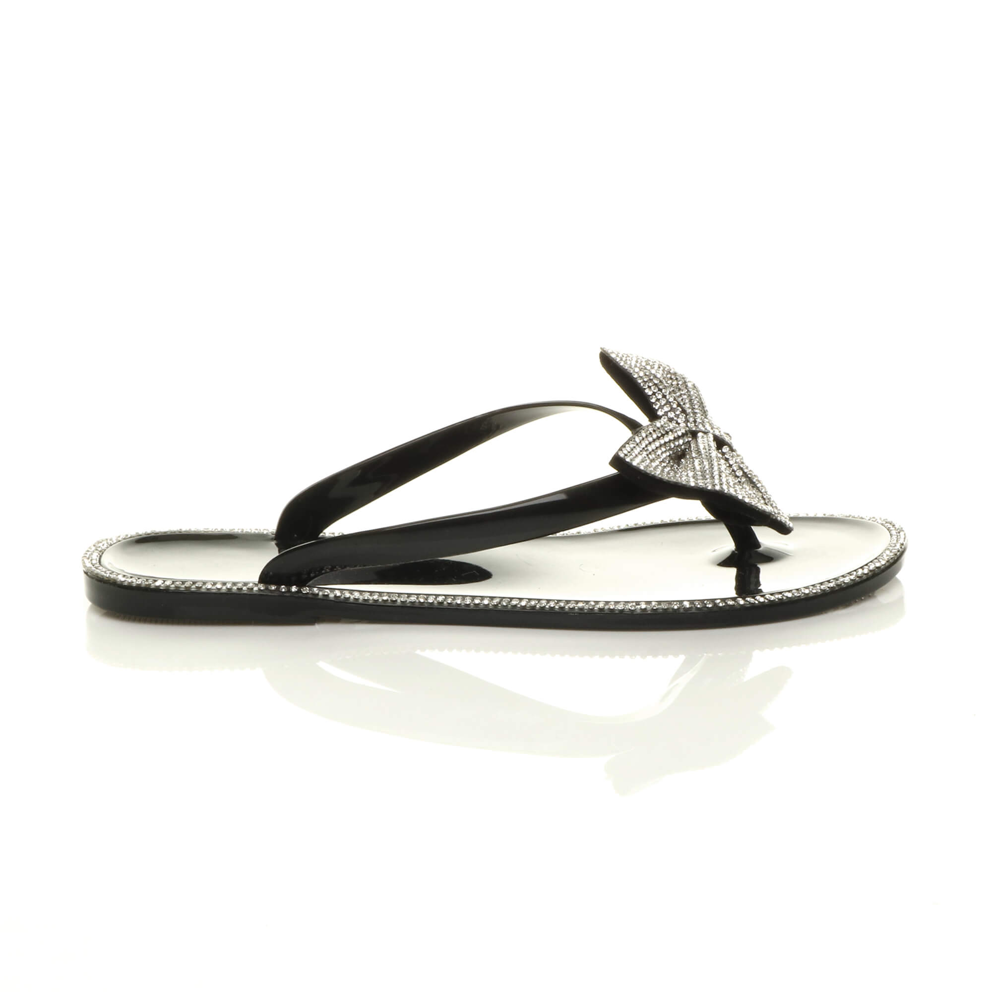 Black Diamante Bow Toe Post Jelly Sandals Flip Flops, Image 2 of 6