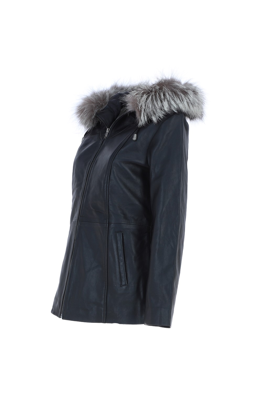 Black Real Leather Hooded Jacket with Fur, Image 3 of 5