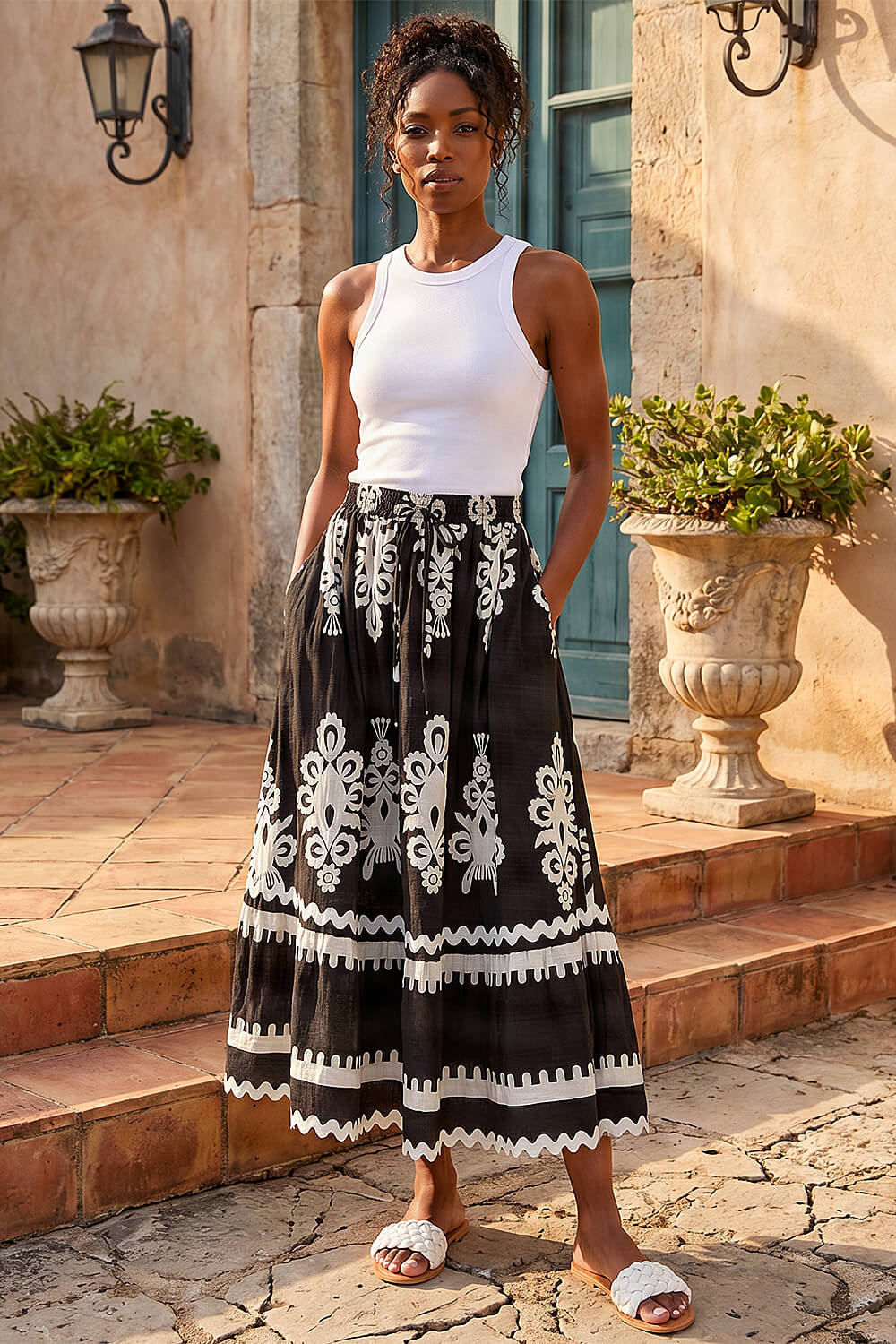 Black Mono Print Maxi Skirt, Image 3 of 4