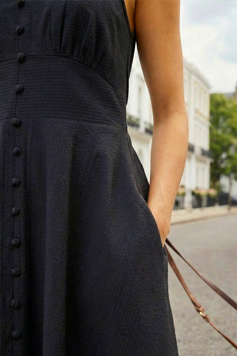 Black Sleeveless Button Detail Cotton Midi Dress