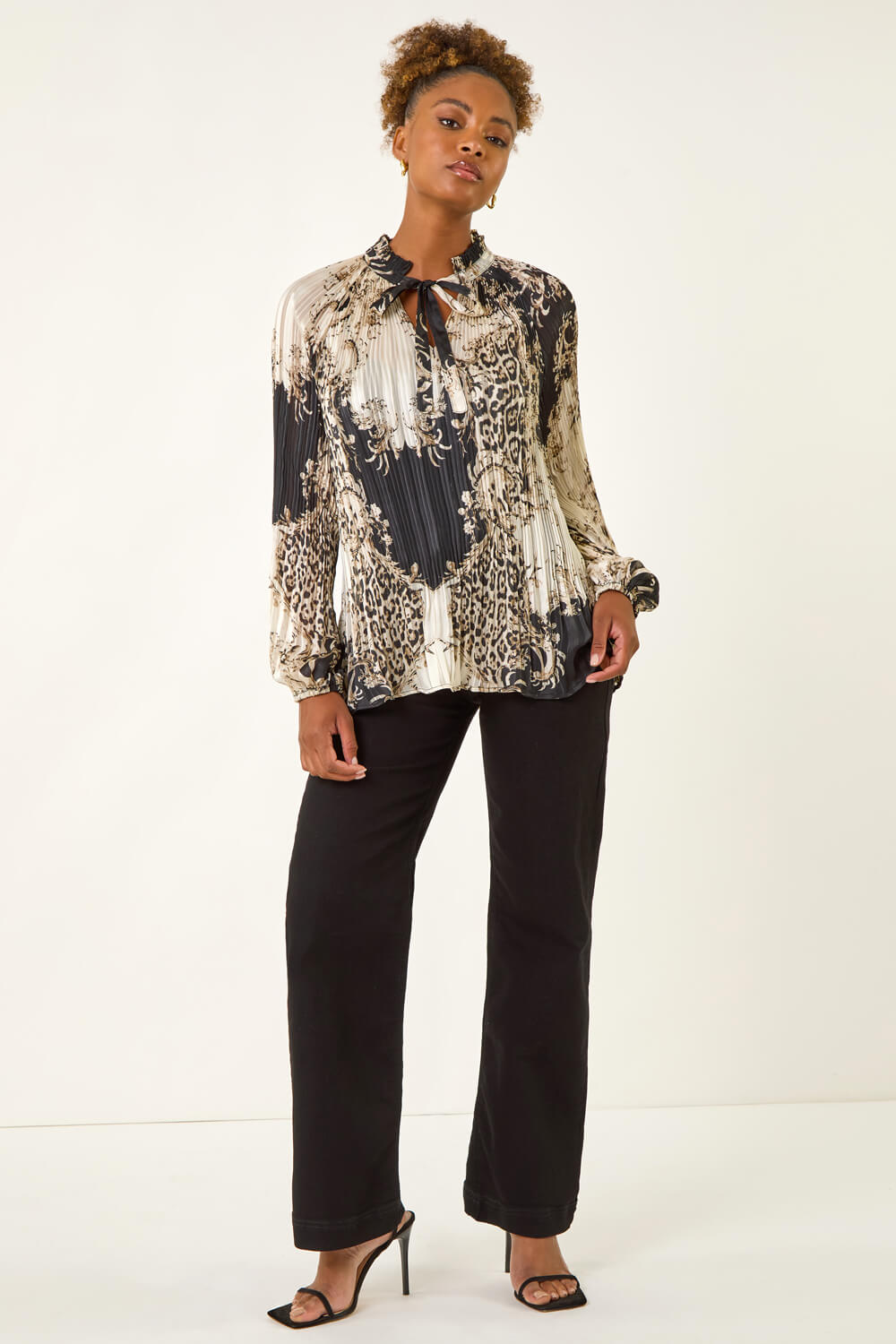 Black Animal Print Tie Neck Pleated Top, Image 4 of 5