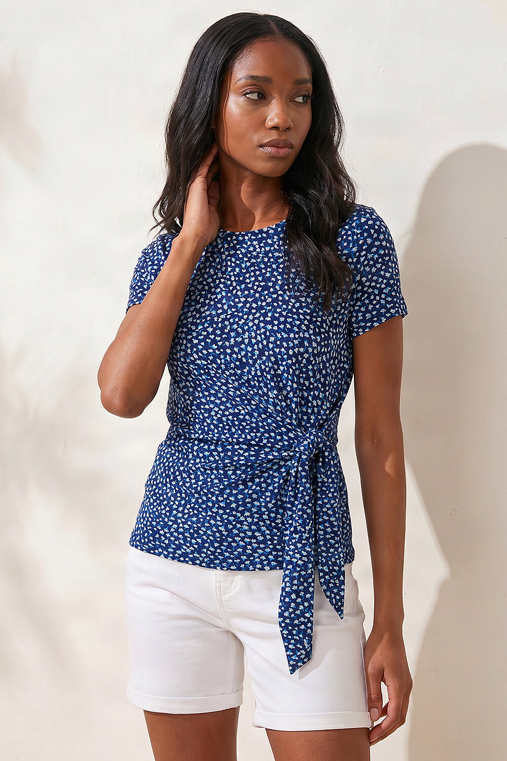 Navy Petite Spot Print Tie Side Top, Image 4 of 4