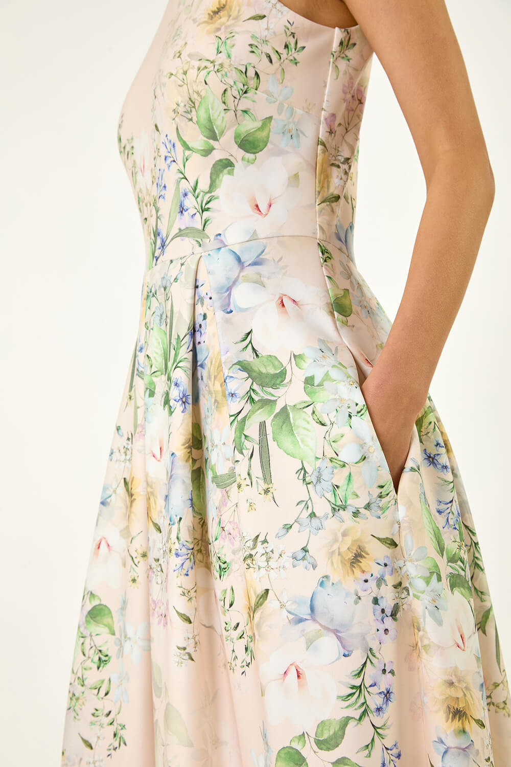 Cream Floral Print Stretch Midi Dress, Image 6 of 5