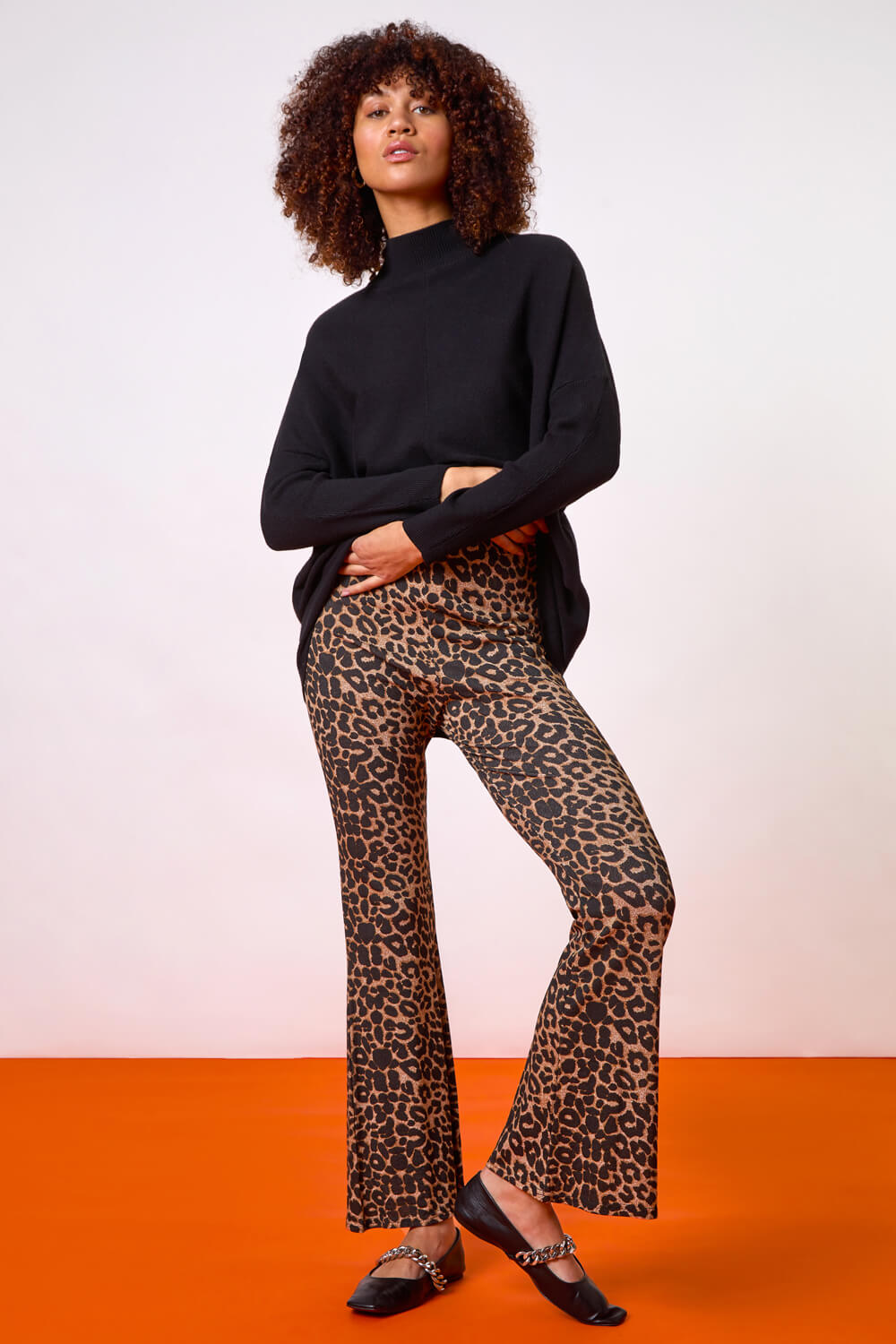 Natural Animal Print Flare Stretch Trouser, Image 7 of 7