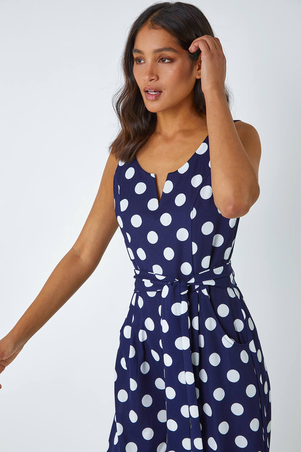 Navy  Spot Print Belted Jumpsuit, Image 5 of 5