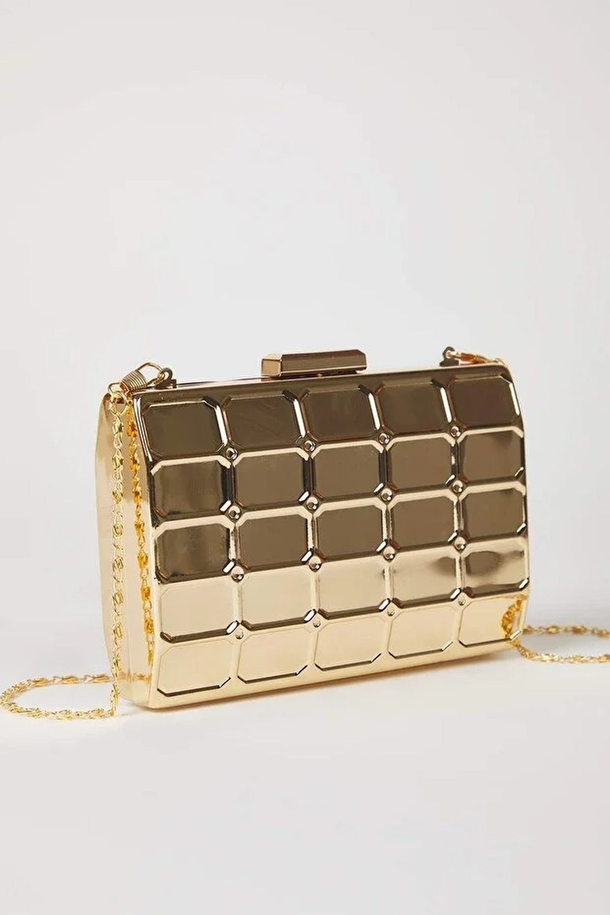 Gold Geometric Metal Chain Strap Clutch Bag, Image 2 of 4