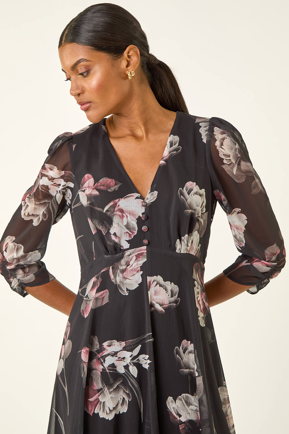Black Floral Print Hanky Hem Dress, Image 5 of 5