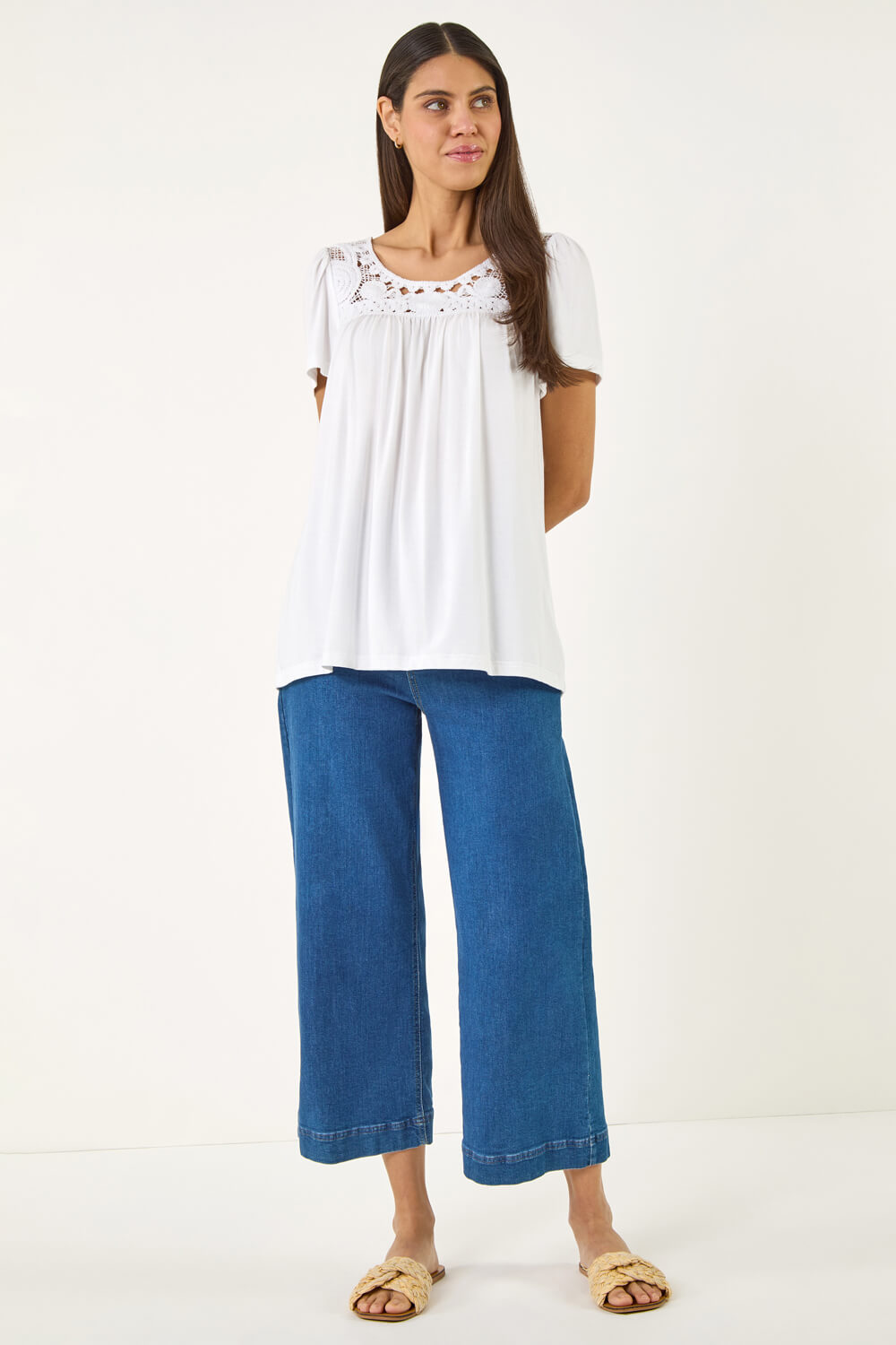 Ivory  Crochet Panel Stretch Top, Image 4 of 5