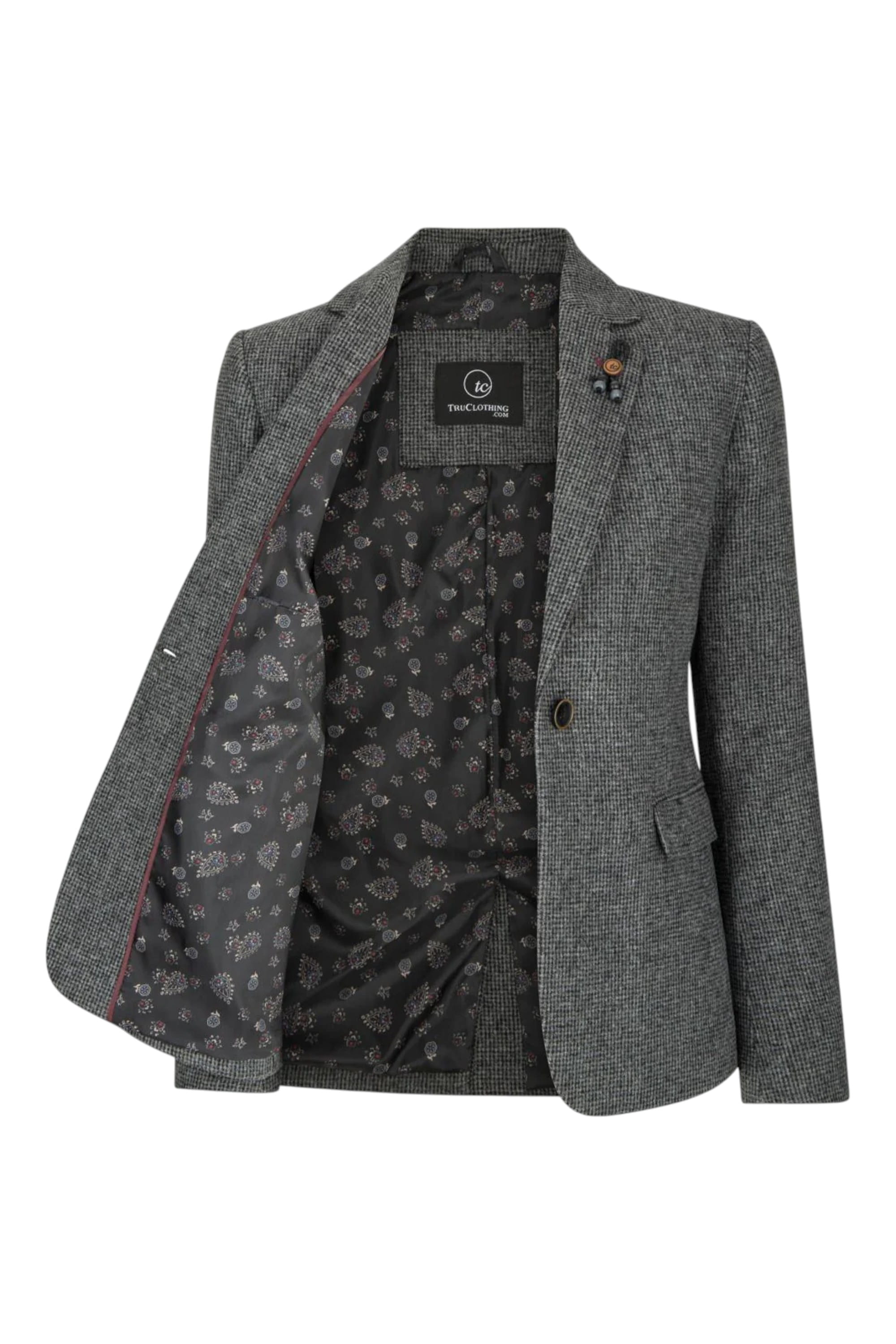 Grey Infinity Leather Grey Tweed 1920s Herringbone Grey Blazer, Image 4 of 6