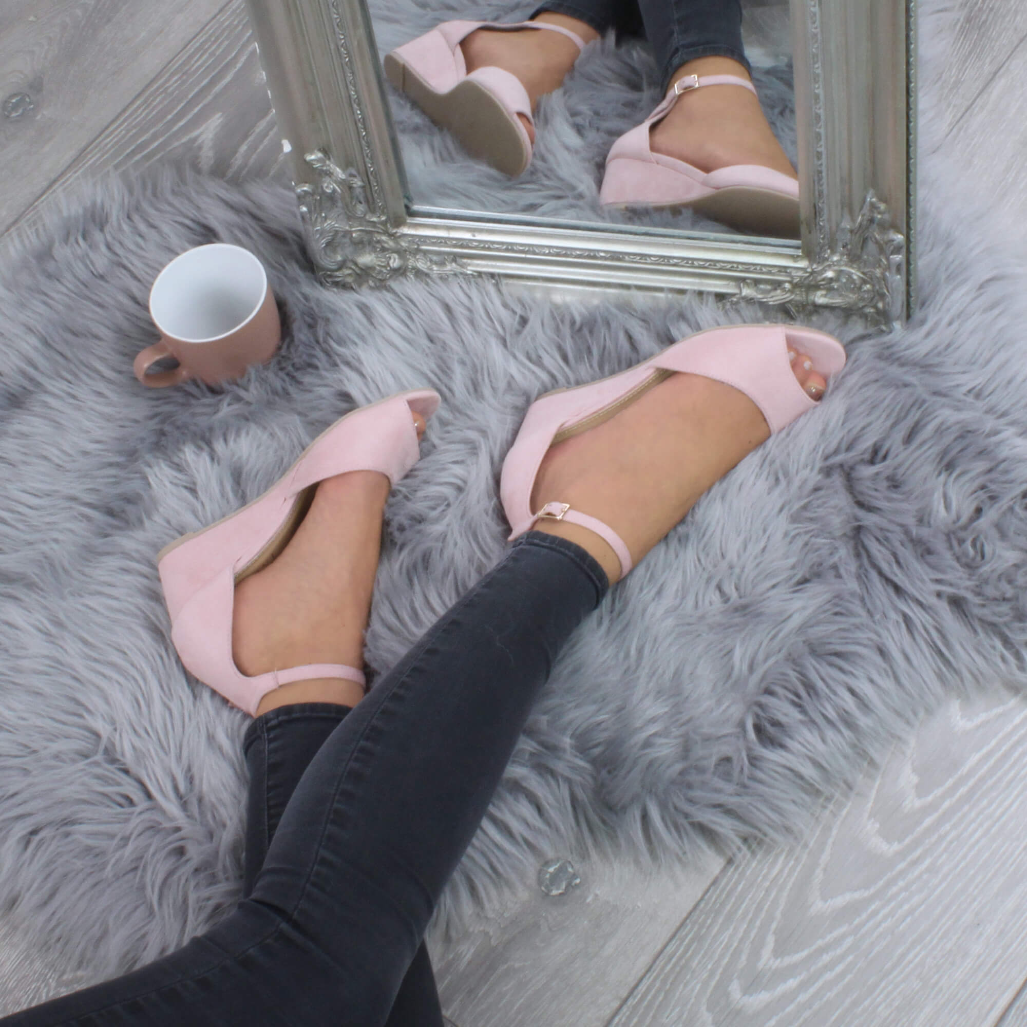 Light Pink AJVANI Light Pink Mid Wedge Heel Ankle Strap Sandals, Image 5 of 6