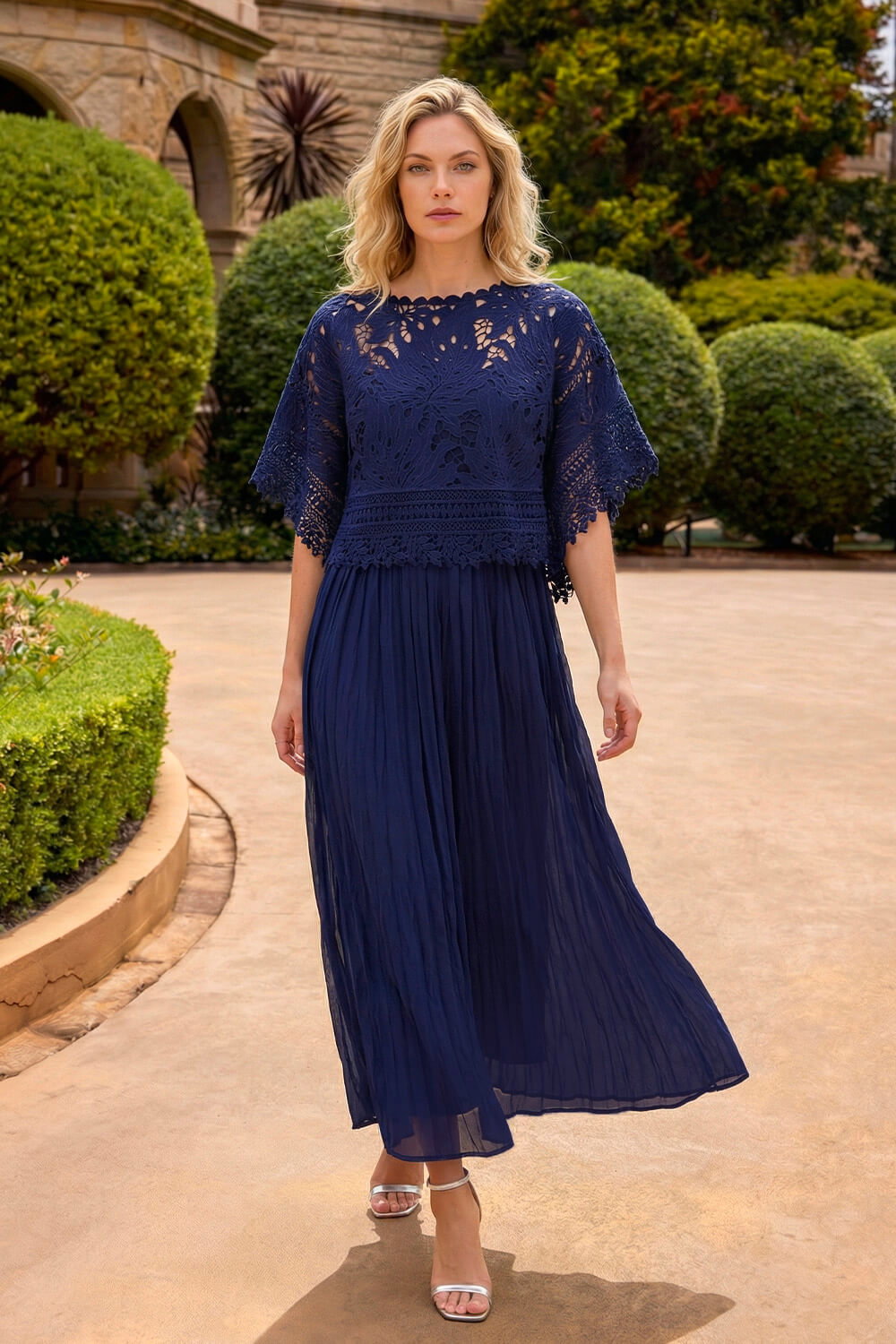 Navy Crochet Overlay Maxi Dress , Image 3 of 5