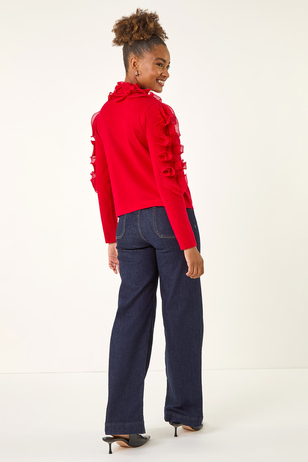 Red Ruffle Contrast Knit Cardigan, Image 4 of 5