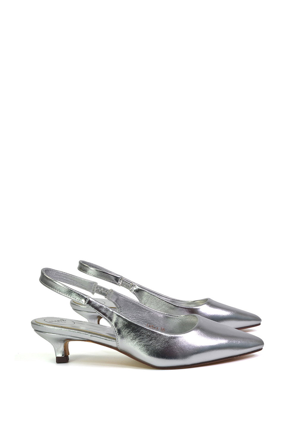Silver XY LONDON Silver 'Avalone' Pointed Toe Sling Back Kitten Heel Sandals, Image 2 of 5