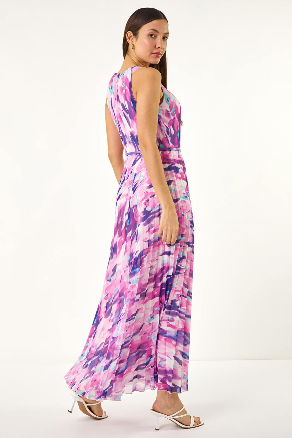 Purple Blurred Print Pleated Maxi Dress, Image 5 of 5